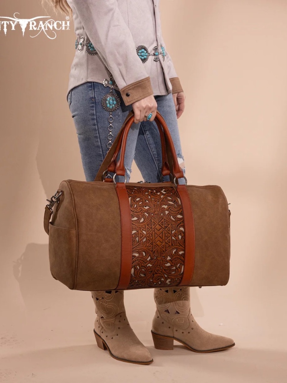 Trinity Ranch Floral Aztec Tooled Collection Weekender Bag Brown - Picture 5 of 8